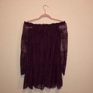 Winter Semi Dress Maroon Lace Off the Shoulder